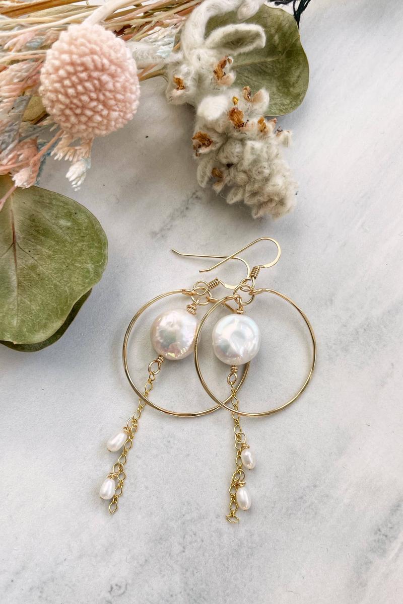 Quinn Sharp - Freshwater Pearl Coin Chain Dangle Hoops | 14kt Gold Filled