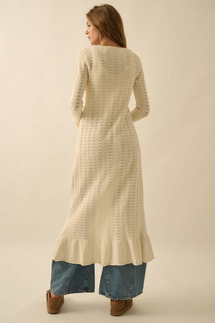Promesa USA - Pointelle Rib-Knit Trumpet-Sleeve Duster Cardigan in Cream