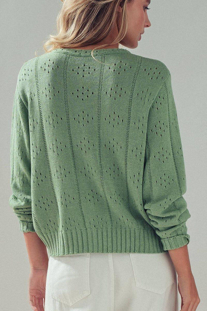 Urban Daizy - Pointelle Knit Cardigan Lace Trim Button Down in Green