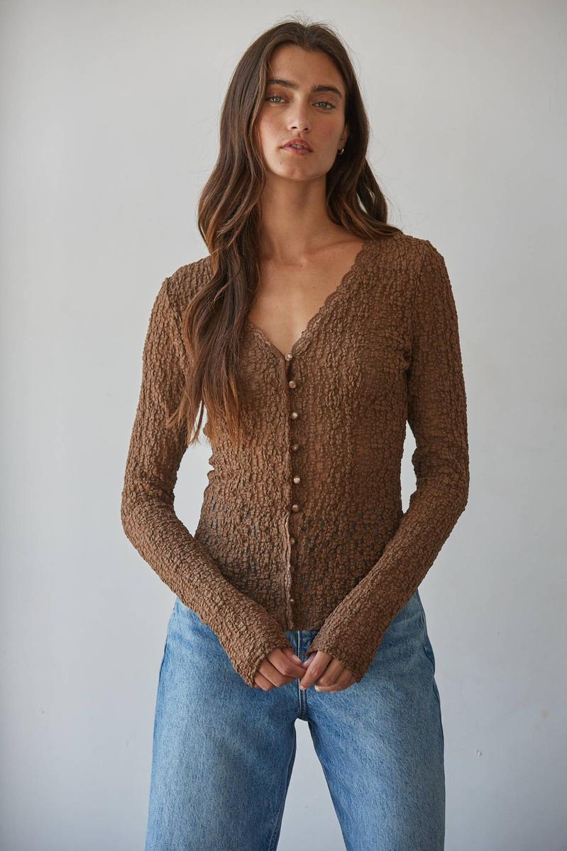 By Together - Woven Cotton Nylon Spandex Lace Button Down Top