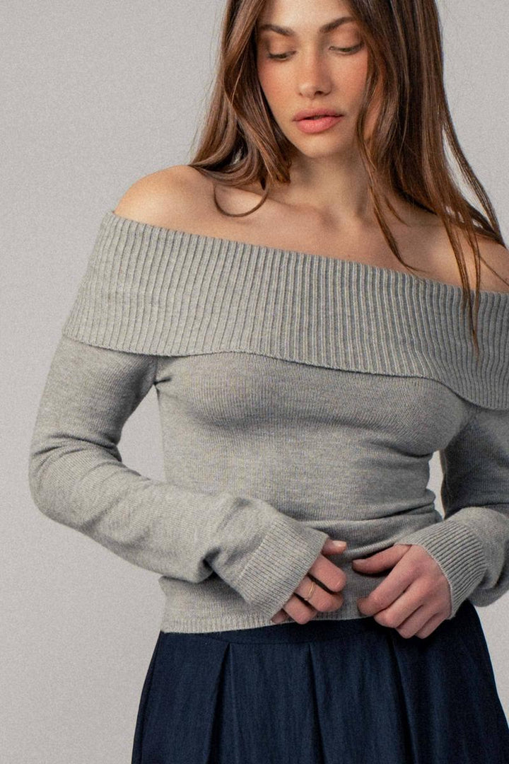 Urban Daizy - Ribbed Off-Shoulder Long Sleeve Sweater in Heather Grey
