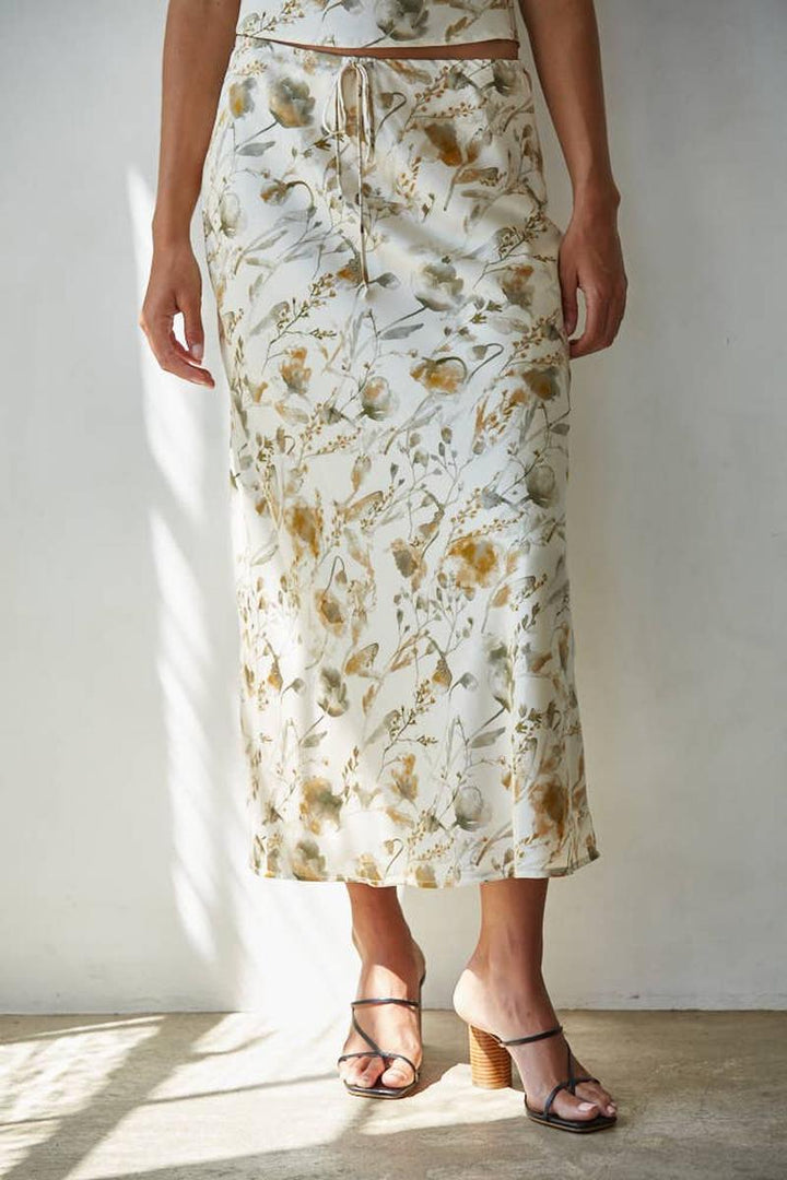 By Together - Woven Polyester Floral Print Midi Skirt in Cream