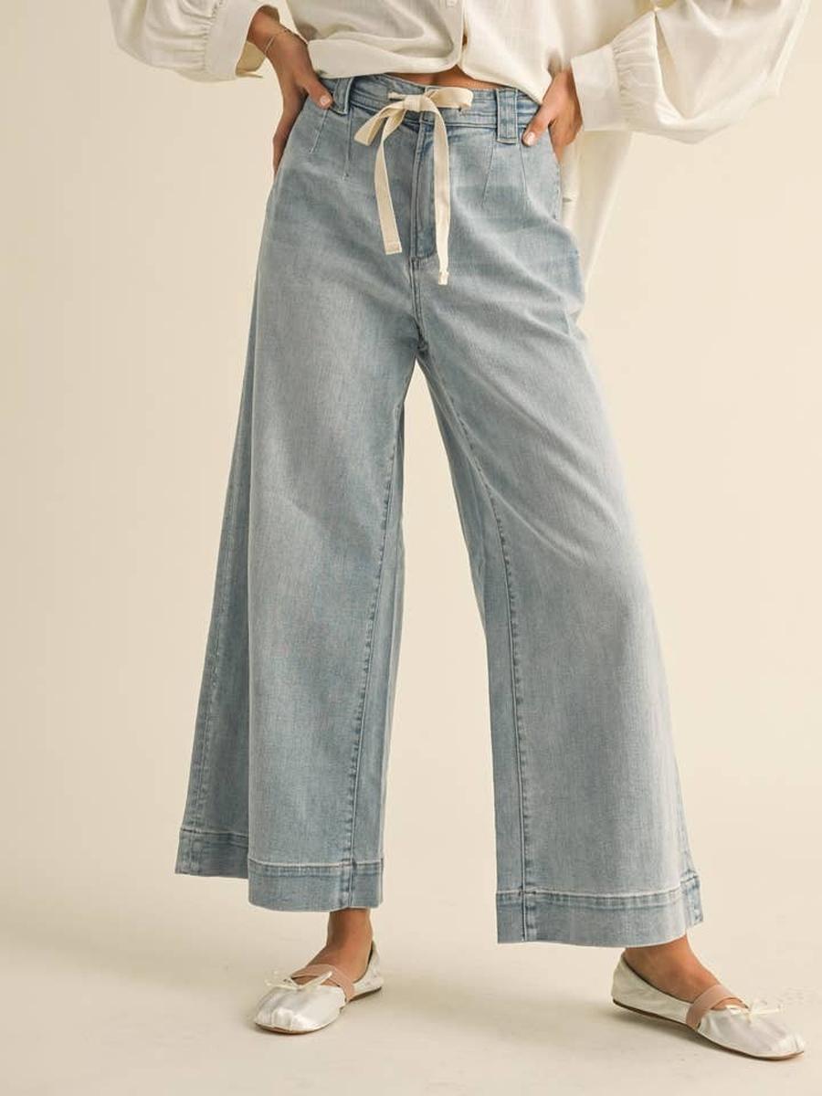 MIOU MUSE - Washed Denim with Tie Front Pants in Denim