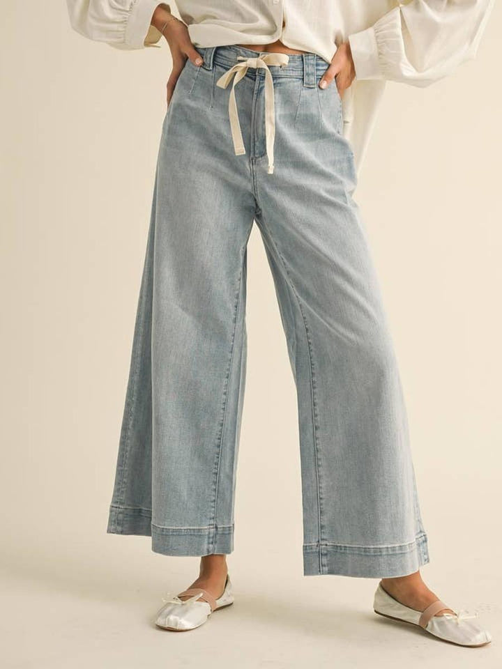 MIOU MUSE - Washed Denim with Tie Front Pants in Denim