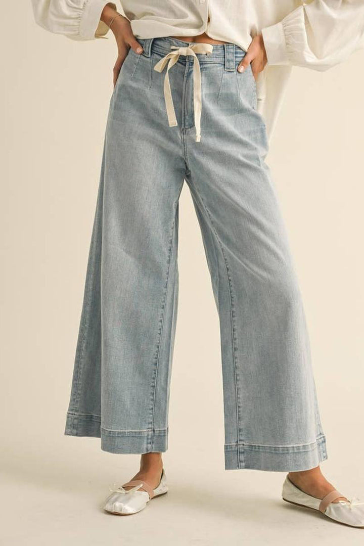 MIOU MUSE - Washed Denim with Tie Front Pants in Denim