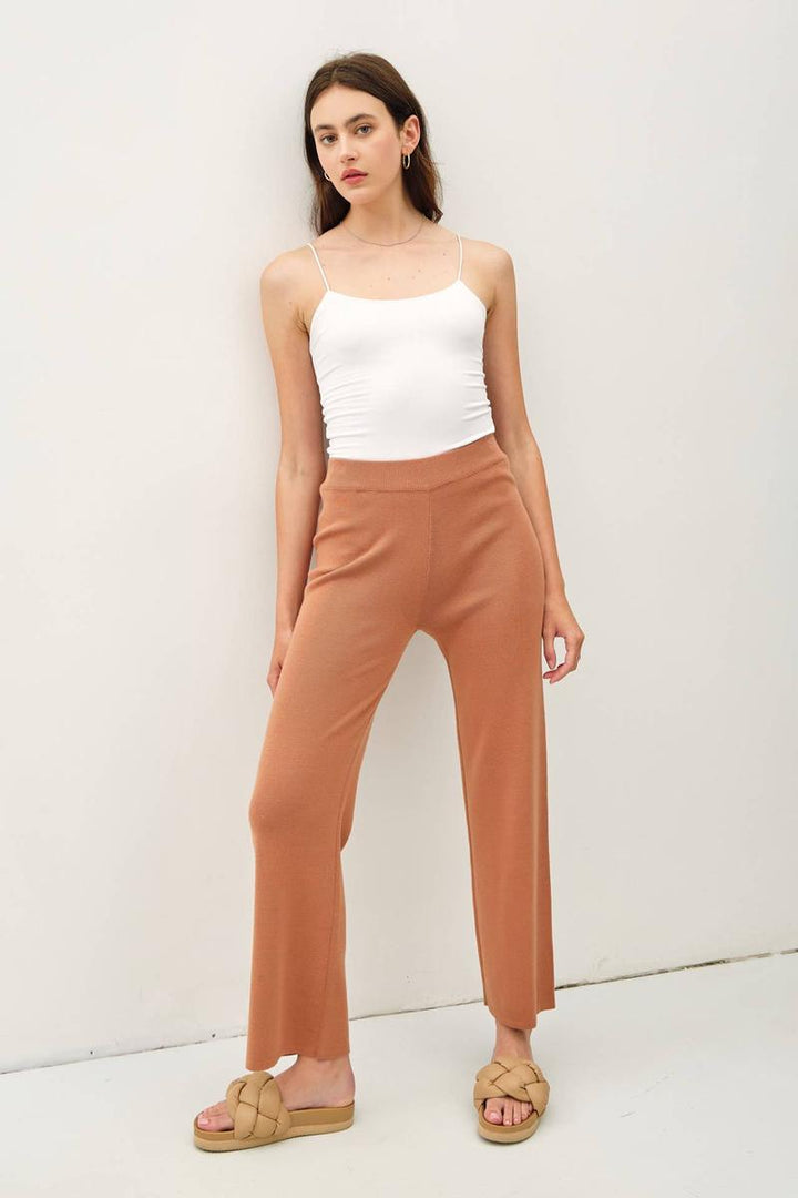 Be Cool - High Rise Elastic Waist Ribbed Knit Pants in Hazelnut