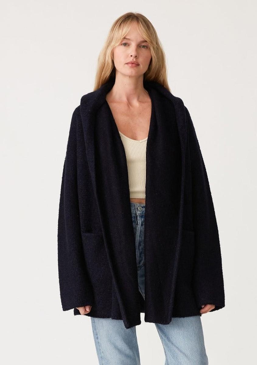 Lovestitch - Mid-Length Oversized Long Sleeve Hooded Coatigan in Navy
