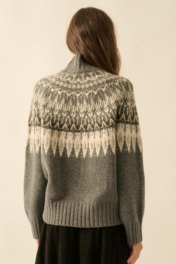 Promesa USA - Fair Isle Knit Mock-Neck Sweater in Charcoal
