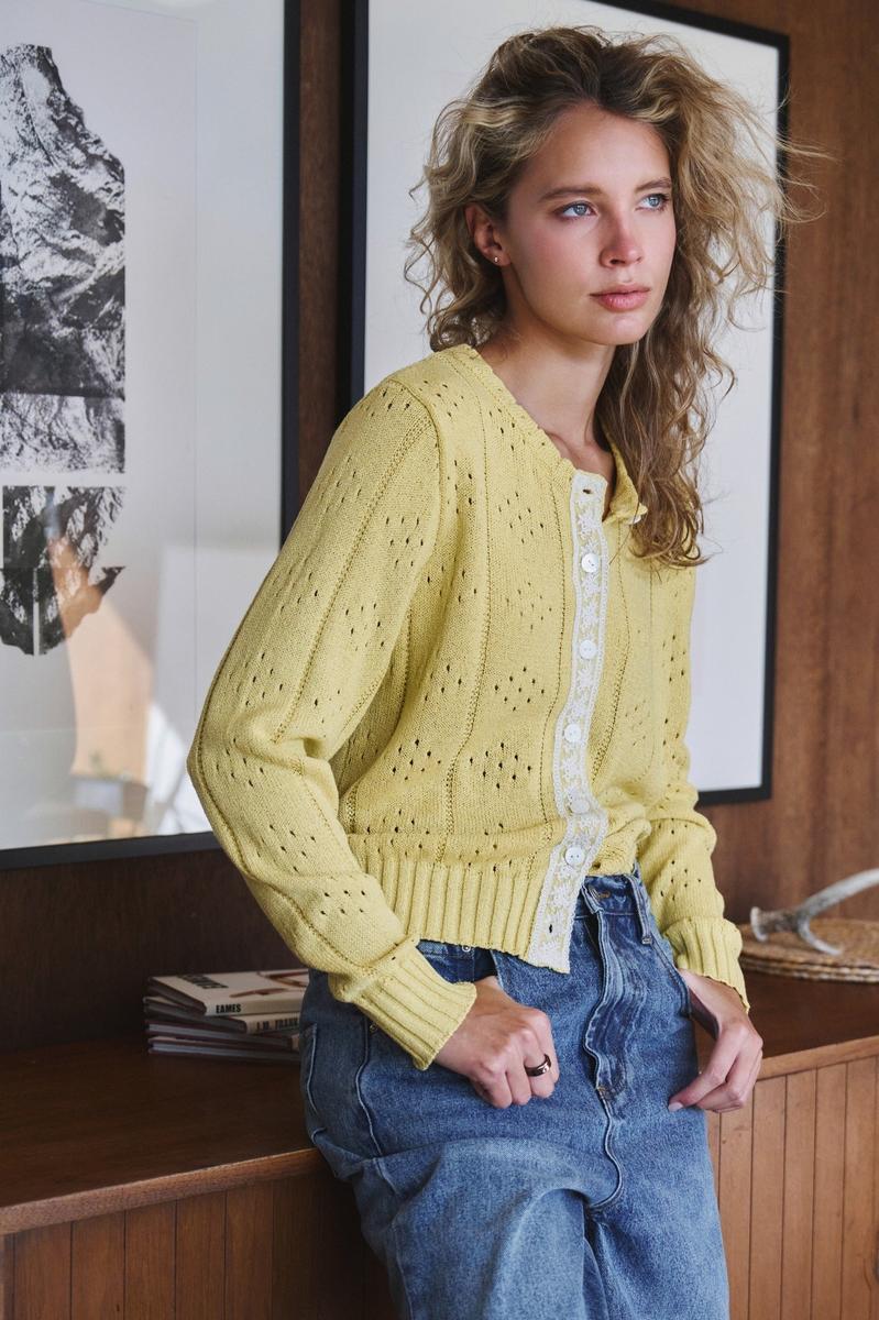 Urban Daizy - Pointelle Knit Cardigan Lace Trim Button Down in Yellow Kiwi