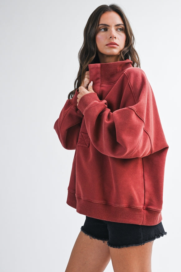 AEMI + CO - Oversized Snap Neck Pullover Sweatshirt