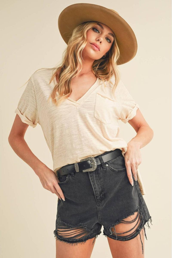 AEMI+CO - Zoie V-Neck Short Sleeve Tee in Ivory