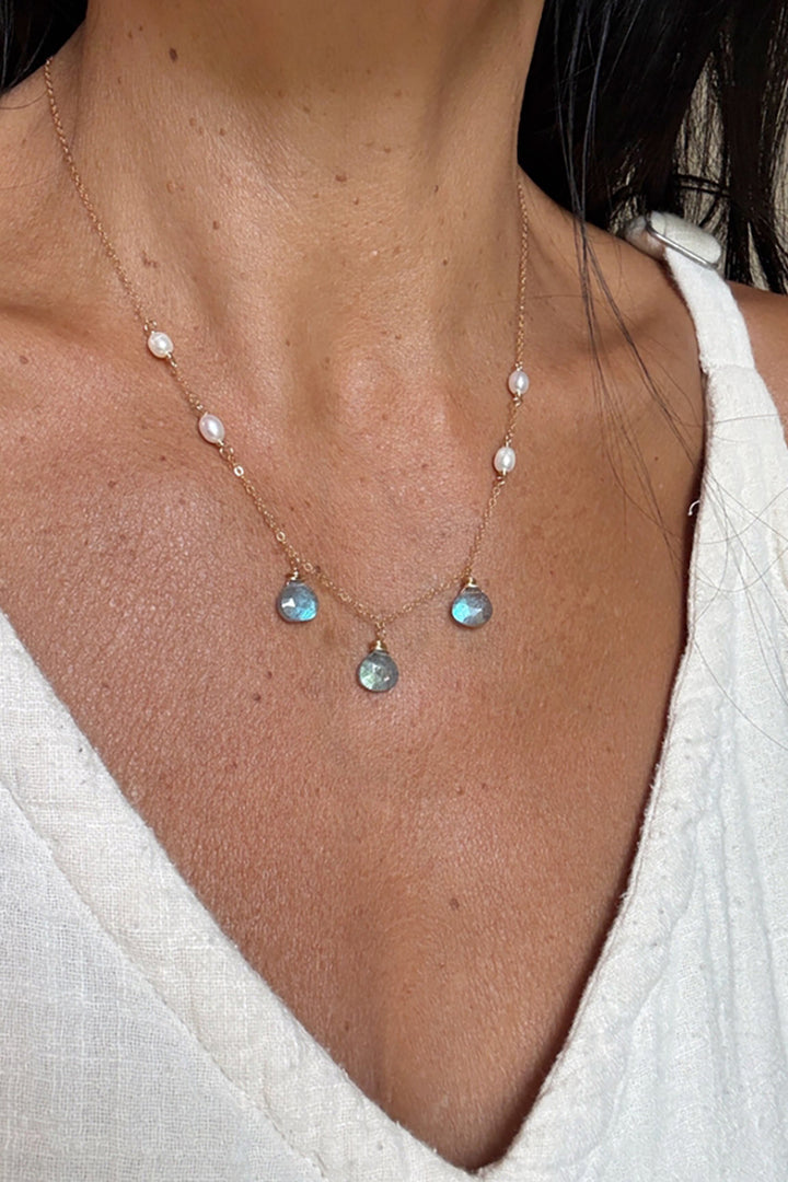 Quinn Sharp - 18” Gold Filled Triple Gemstone and Pearl Necklace