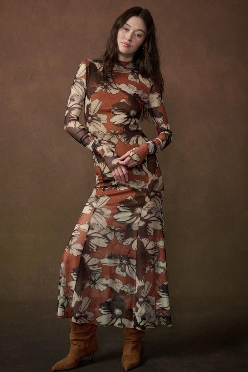 Promesa USA - Floral-Print Mesh Mock-Neck Thumbhole Maxi Dress