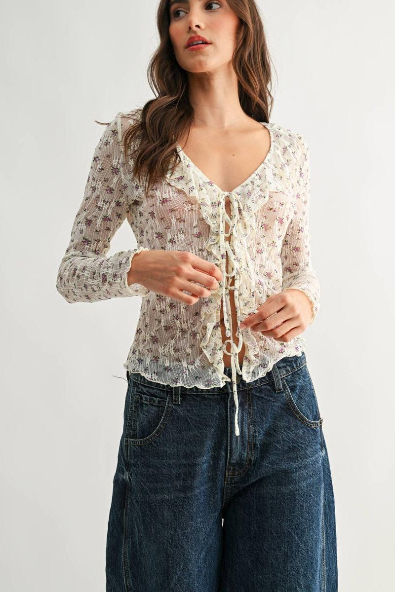 Camellia - Sheer Floral Lace Long Sleeve Blouse in Ivory/Purple