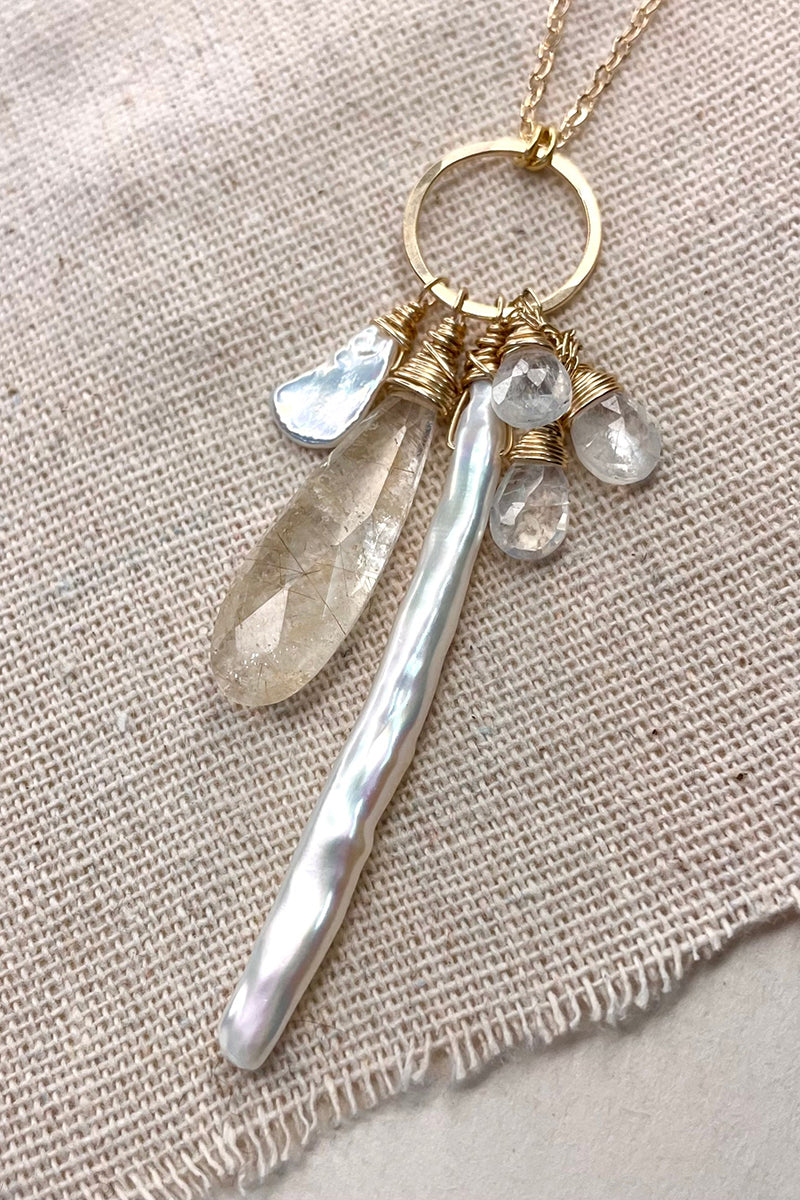 Elysium Jewelry - Pearl Cluster Long Necklace in 14k Gold Fill