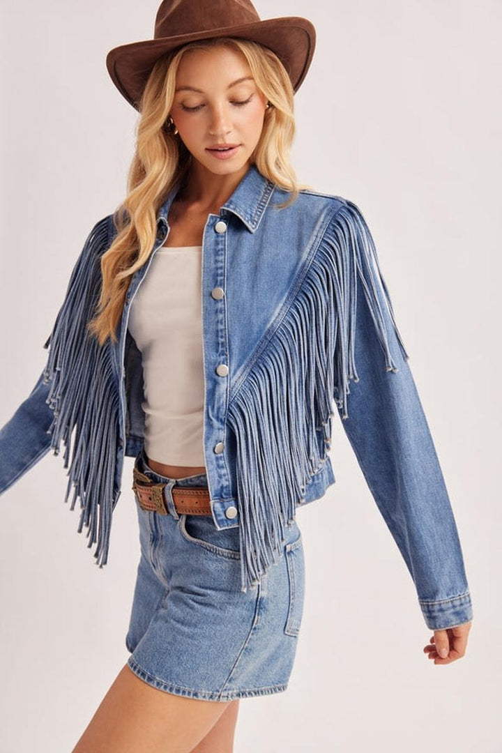 Bluivy - Western V-Yoke Cropped Fringe Button Down Denim Jacket