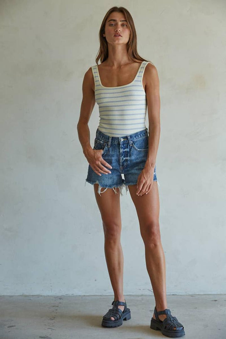 By Together - Denim Distressed Detail Shorts in Dark Denim