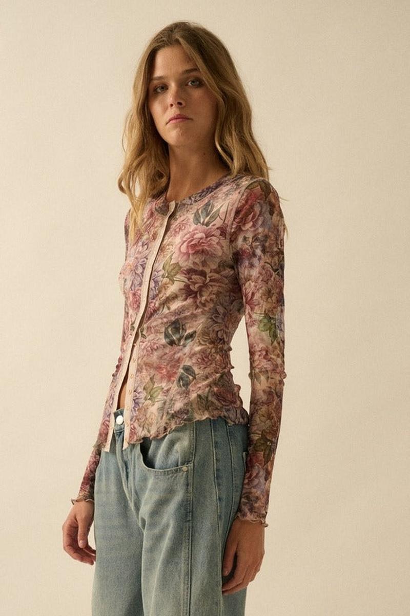 Promesa USA - Floral-Print Mesh Snap-Front Long-Sleeve Top