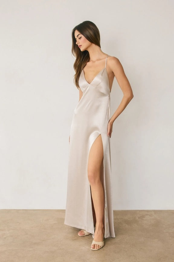 Dress Forum - Satin Open Back Padded Plunging Maxi Dress
