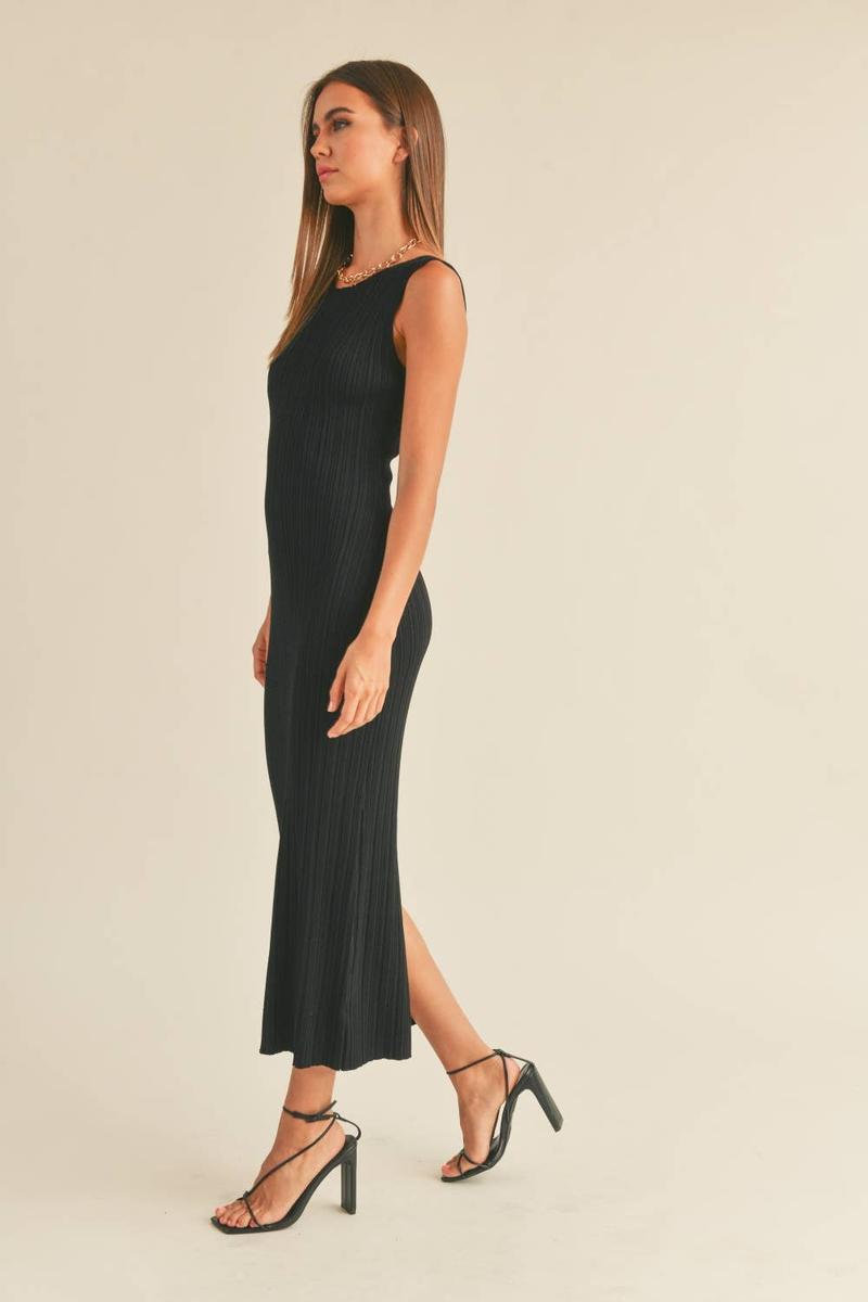 Miou Muse - Striped Rib Knit Midi Dress in Black