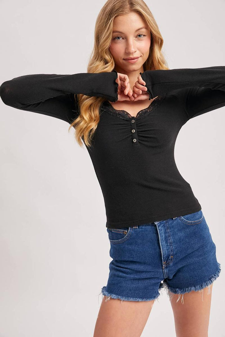 Bluivy - Lace Trim Button Down Henley Top in Black