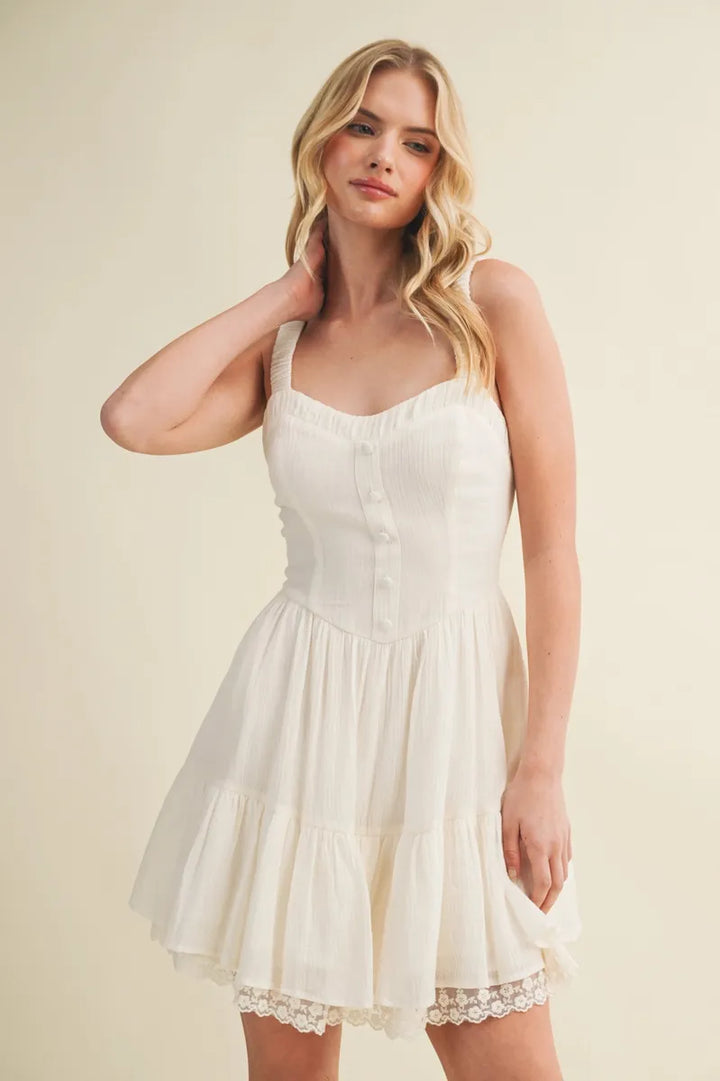 Mustard Seed - Button Corset Tiered Lace Hem Dress in Vanilla