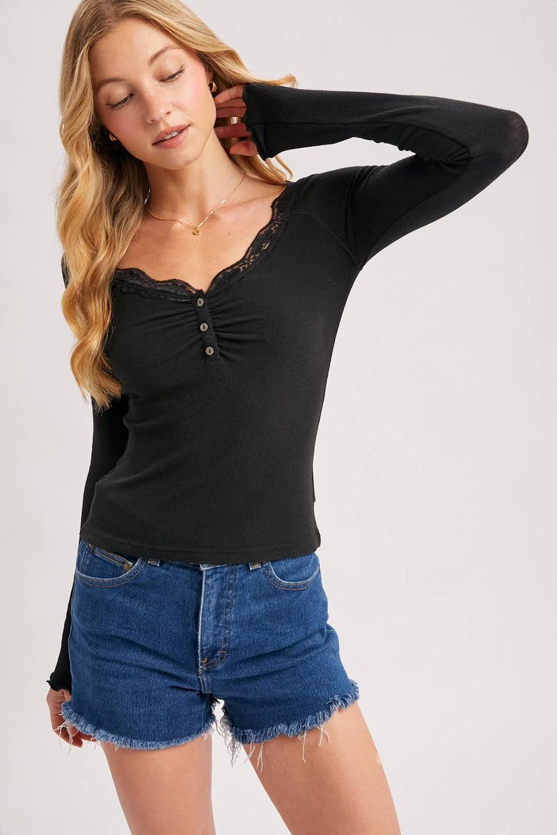 Bluivy - Lace Trim Button Down Henley Top in Black