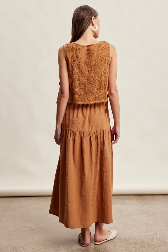 Listicle - Embroidered Lace Vest & Sleeveless Midi Dress Set