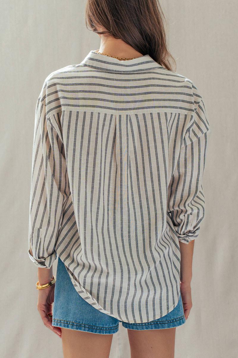 Urban Daizy - Striped Linen Blend Button Up Shirt in Natural