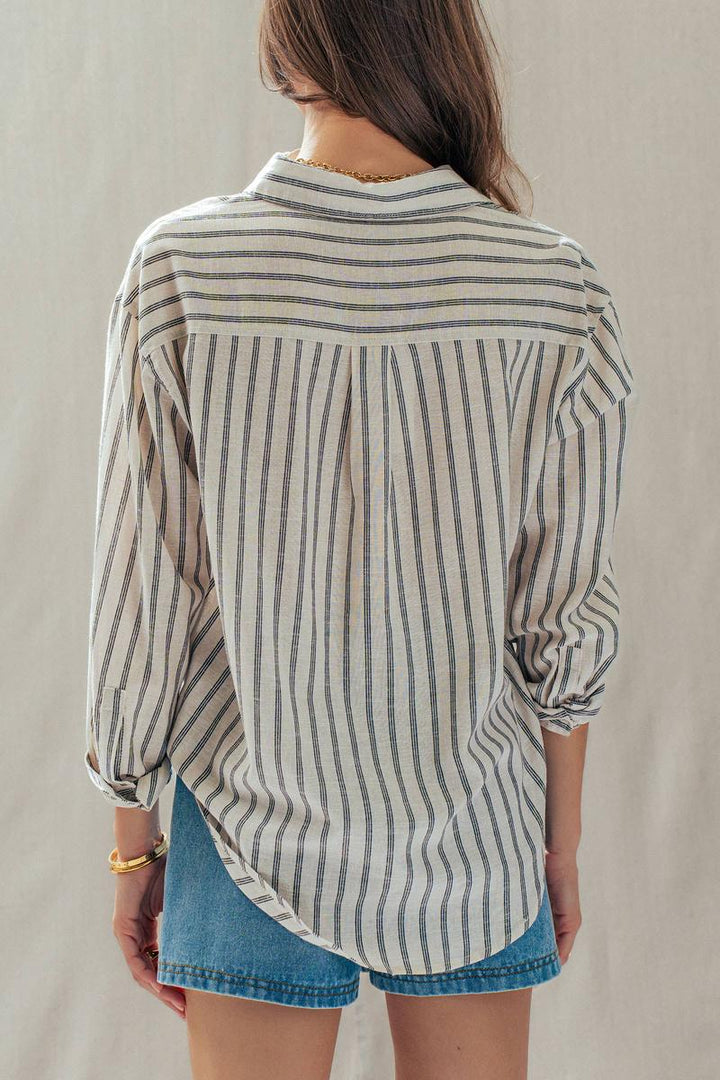 Urban Daizy - Striped Linen Blend Button Up Shirt in Natural