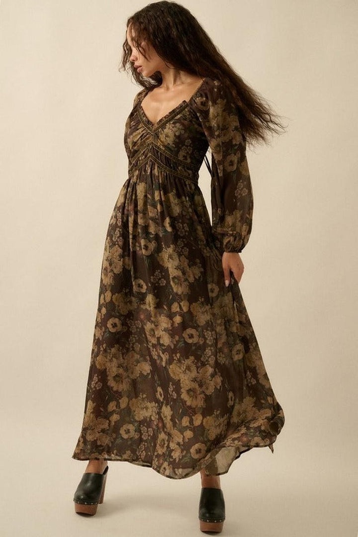 Promesa USA - Floral-Print Vlevet-Trimmed Maxi Peasant Dress in Chocolate