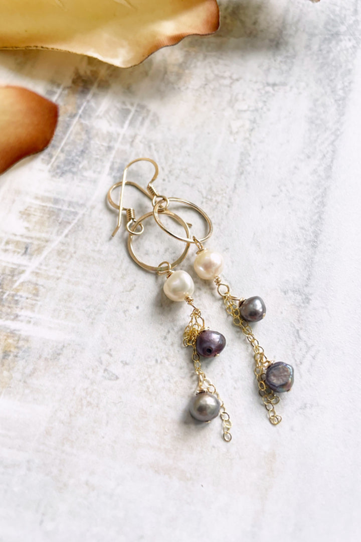 Quinn Sharp - Small Circle Hoop Pearl Chain Dangles in Gold