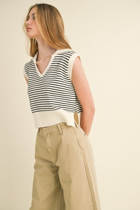 MIOU MUSE - V-Neck Stripe Collar Knitted Top