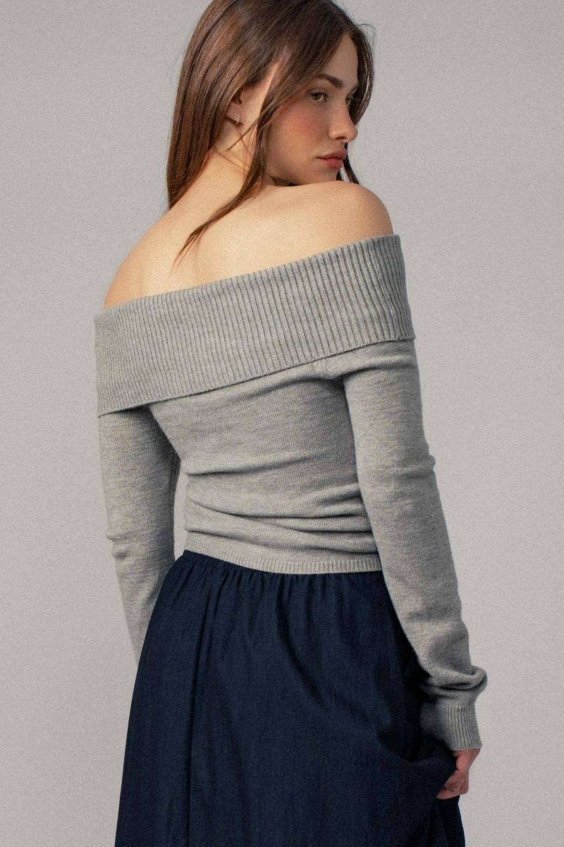 Urban Daizy - Ribbed Off-Shoulder Long Sleeve Sweater in Heather Grey