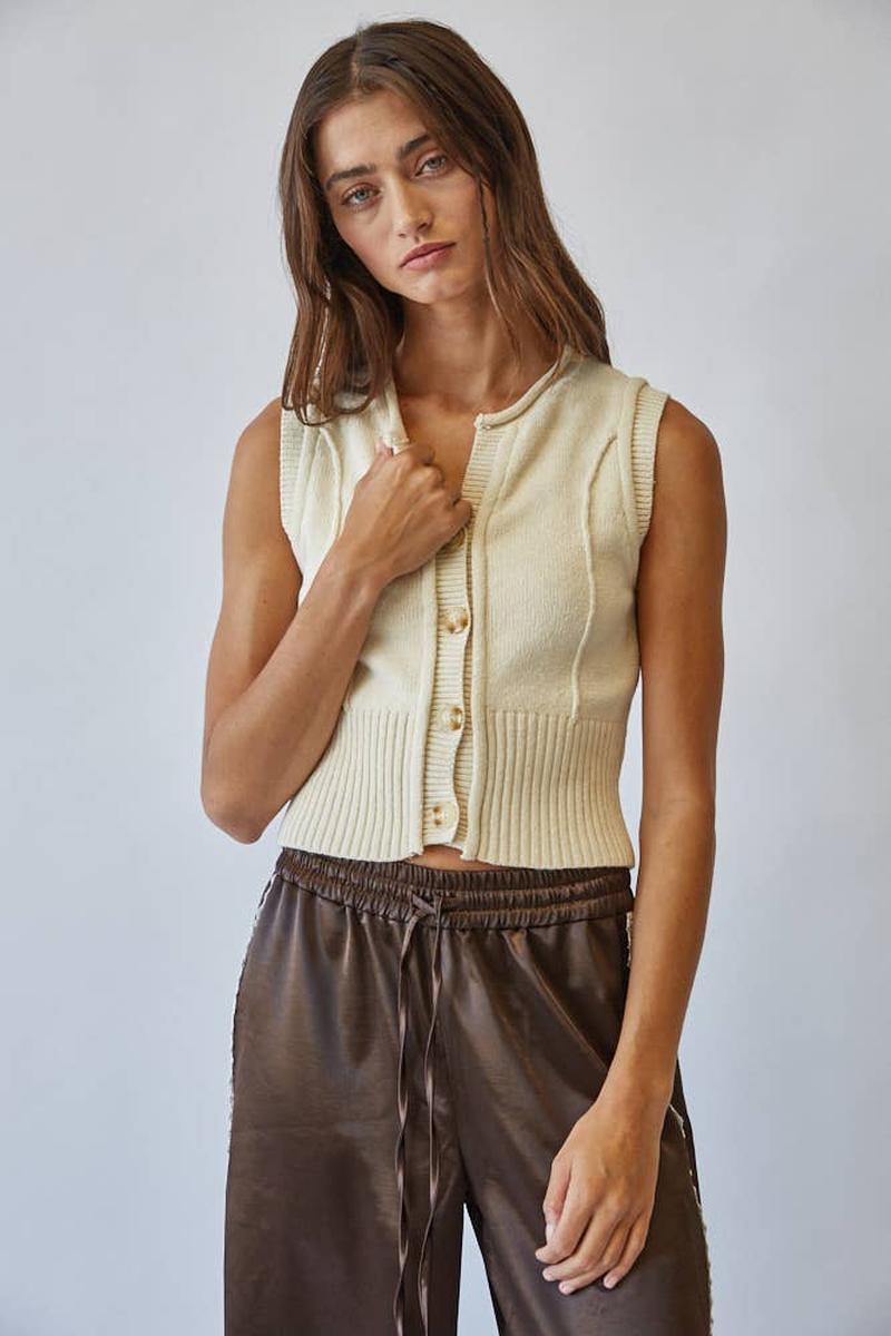 Creamon - Natural Roll Up Neck Sweater Vest Top