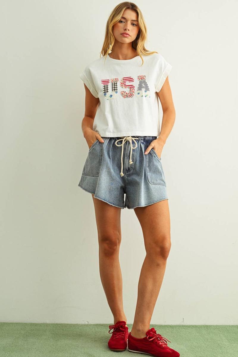 Miou Muse - USA Floral Patchwork Tee in White