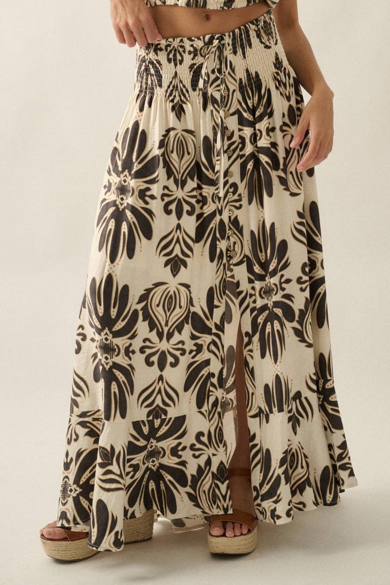 Promesa USA - Ornate Floral-Print Button-Front Drawstring Maxi Skirt