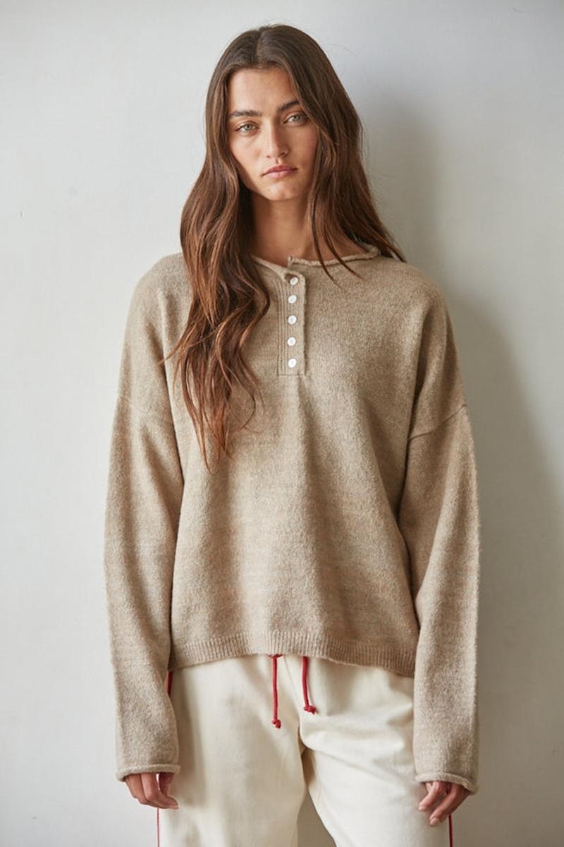 By Together - Knit Sweater Half Button Round Neck Long Sleeve