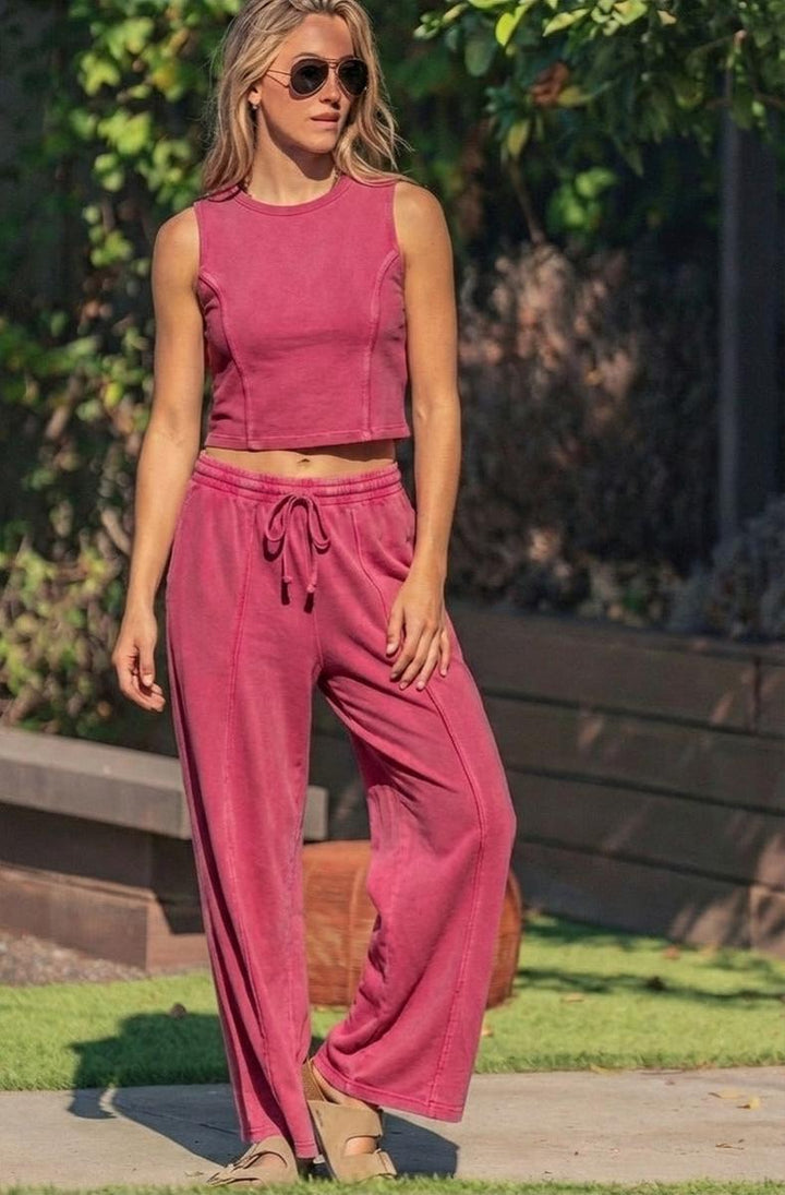 Urban Daizy - Mineral Wash Cotton Crop Tank & Wide Leg Pant Set in Fuchsia