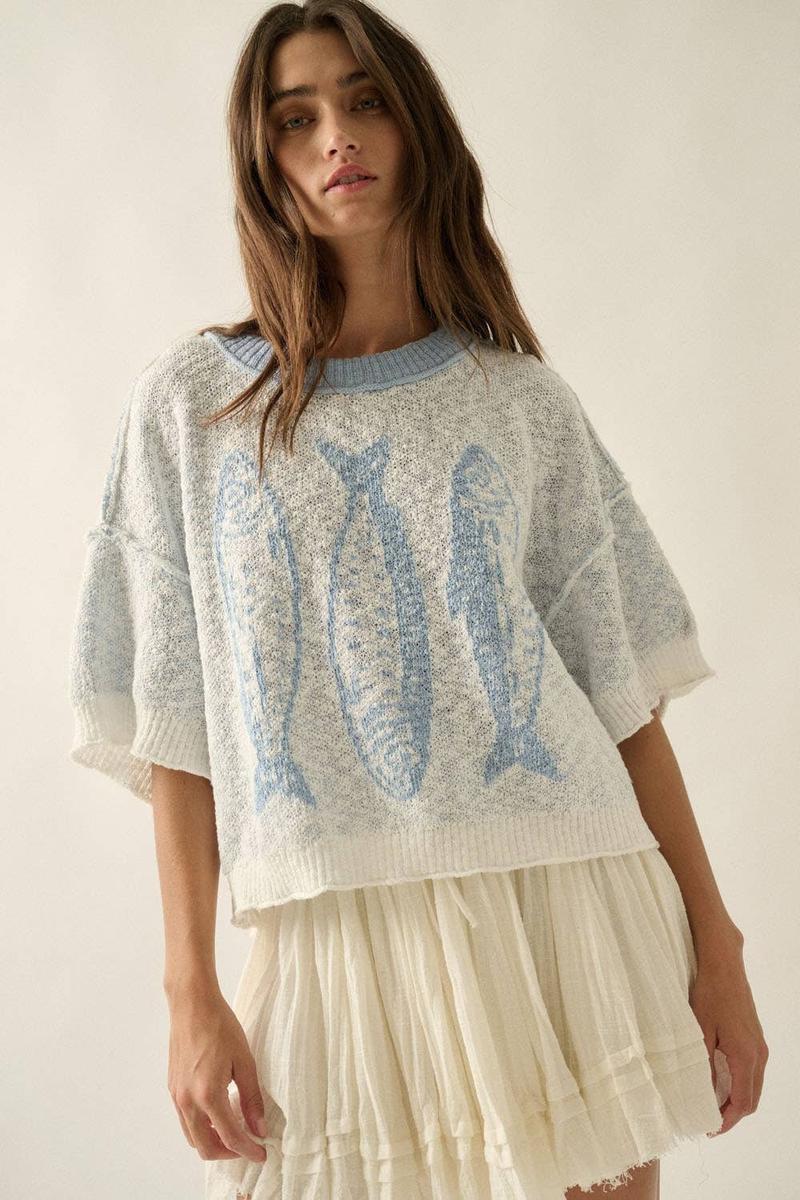 Promesa USA - Three Fishes Textured Jacquard-Knit Short-Sleeve Sweater in Off White