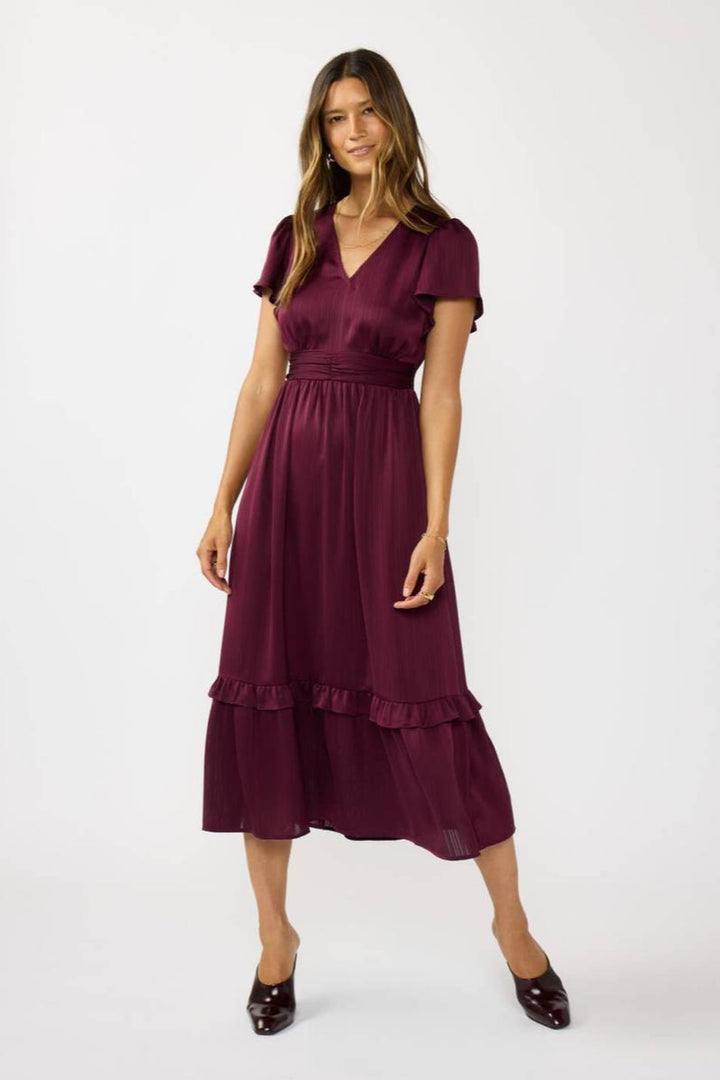 Lovestitch - Flutter Sleeve V-Neck Midi Dress in Merlot