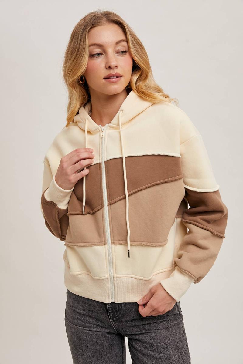 Bluivy - Zipper Front Patchwork Landscape Hoodie in Mocha Combo