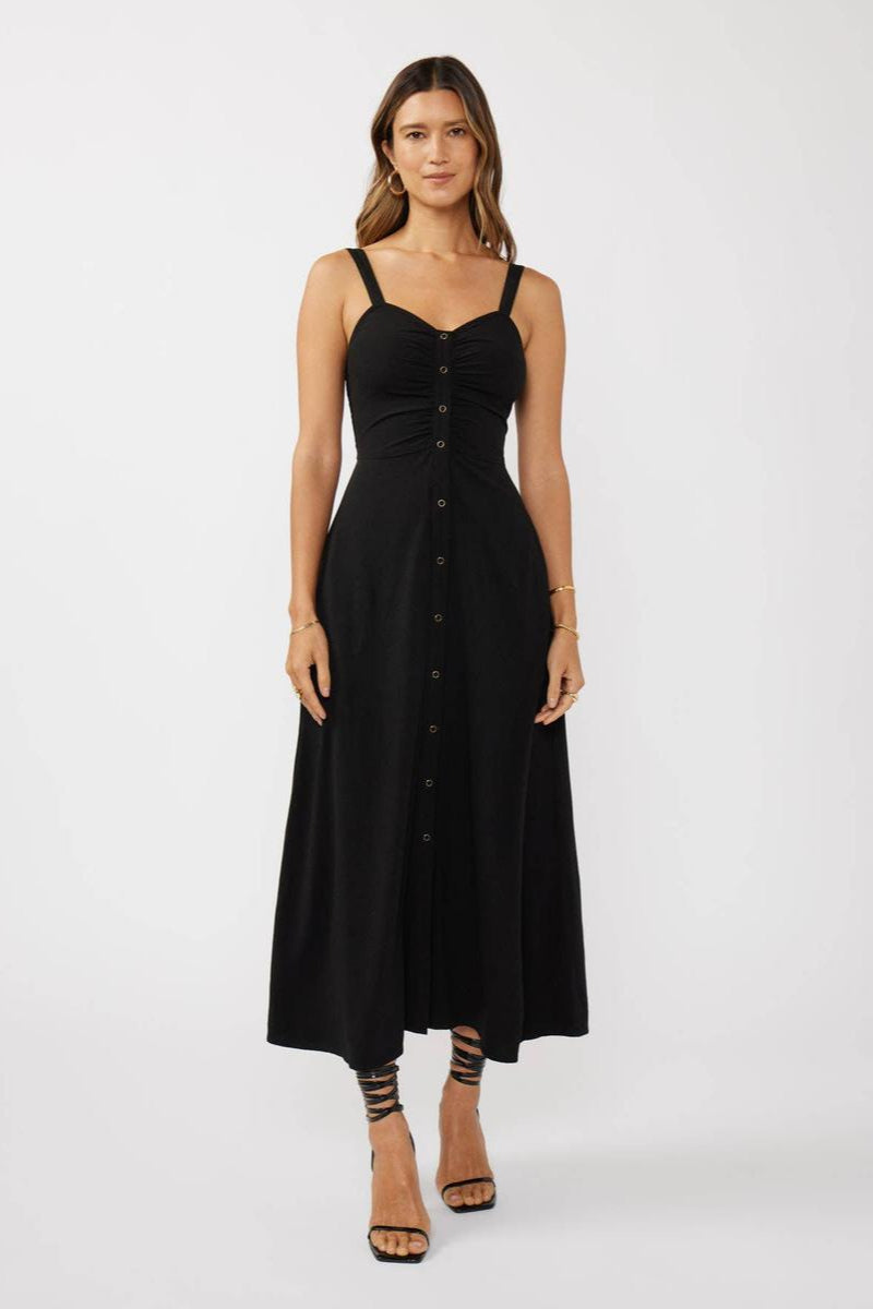 Lovestitch - V-Neck Ruched Button Down Maxi Dress in Black