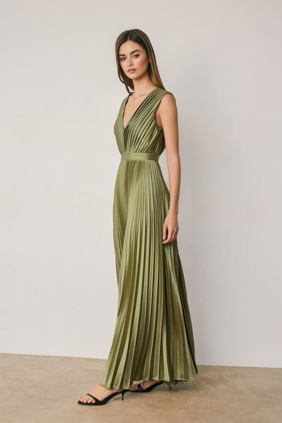 Dress Forum - Pleated Satin V-Neck Maxi Dress