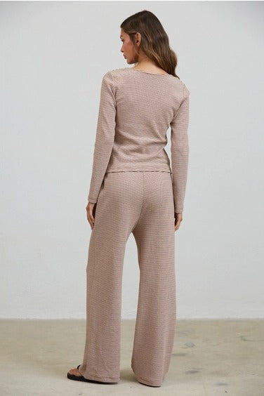 Creamon - Brown Lounge Striped Button Down Top & Pants Set