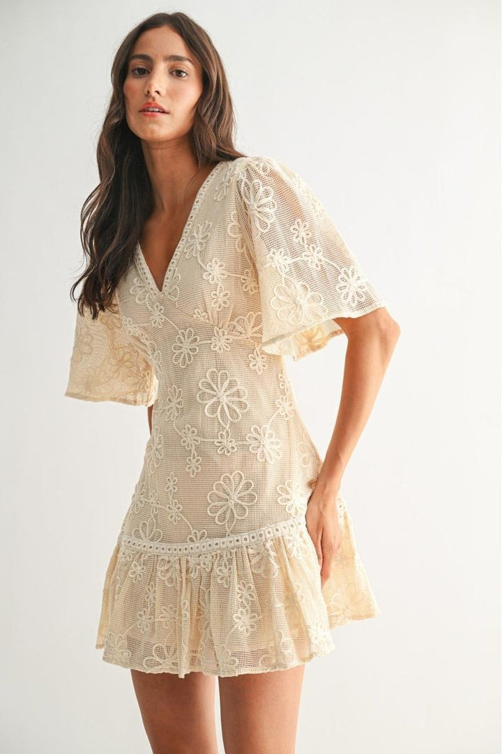 Camellia - Elegant Floral Lace Mini Dress in Cream