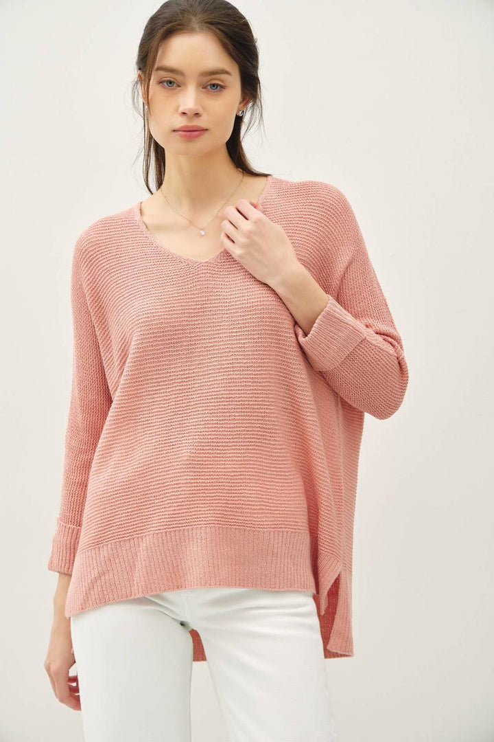 Be Cool - V-Neck Dolman Cuff Sleeve Sweater in Blush