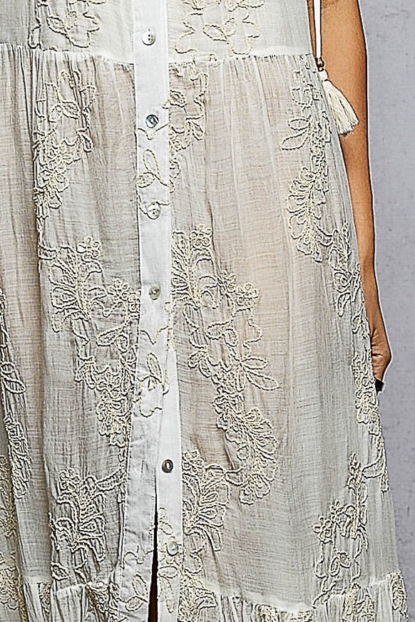 Pol Clothing - Sleeveless Round Neck Tassel Shoulder Tie Woven Maxi Dress