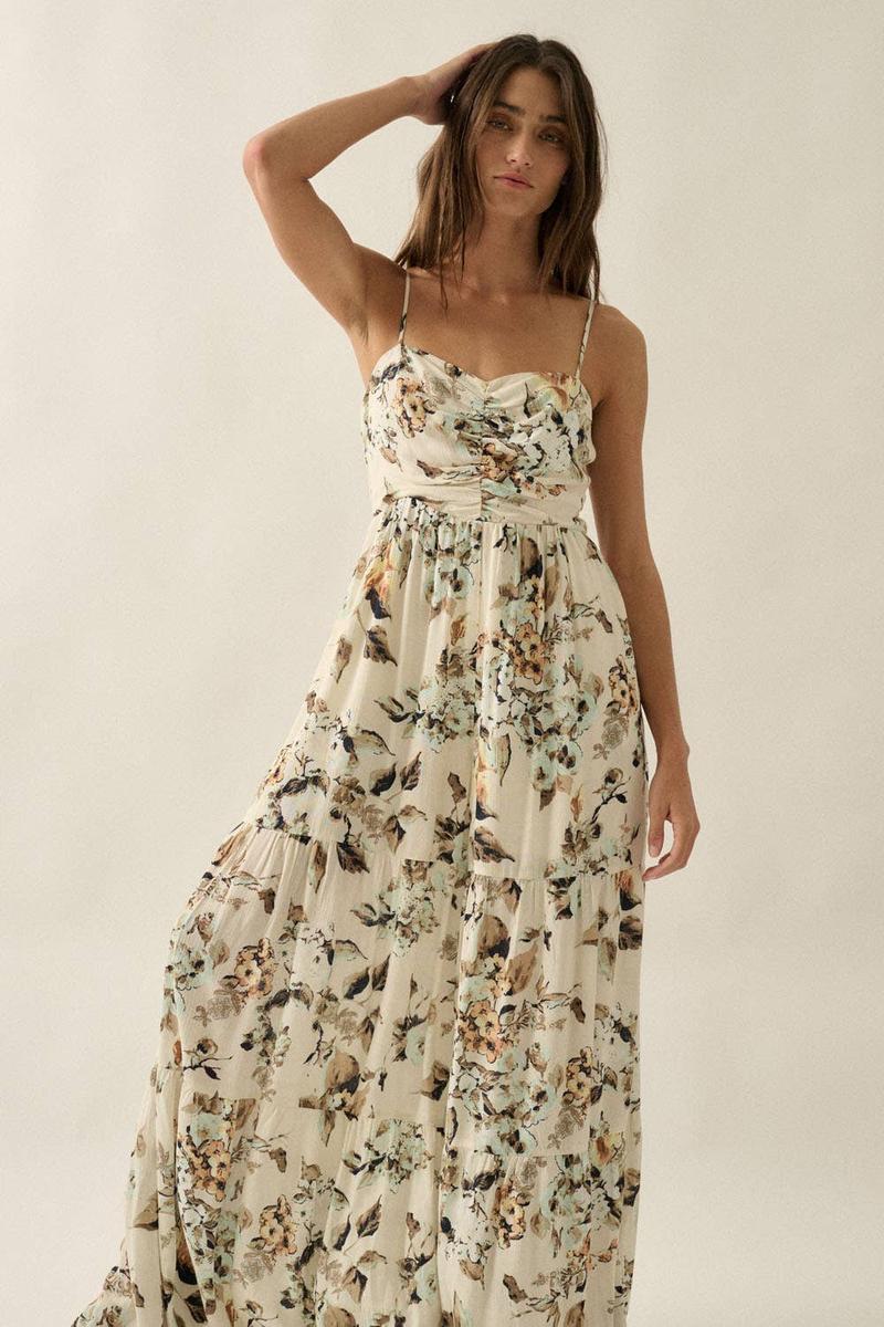 Promesa - Floral Crepe Wide-Leg Tiered Ruffle Cami Jumpsuit in Cream