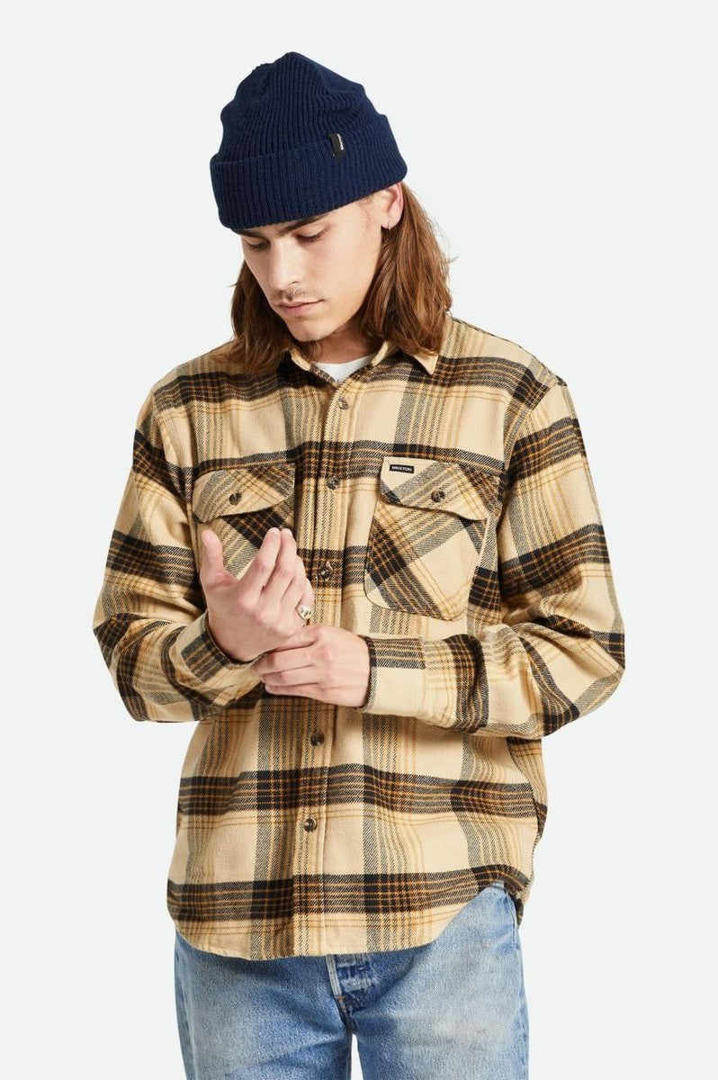 Brixton - Bowery Long Sleeve Flannel in Sand/Black